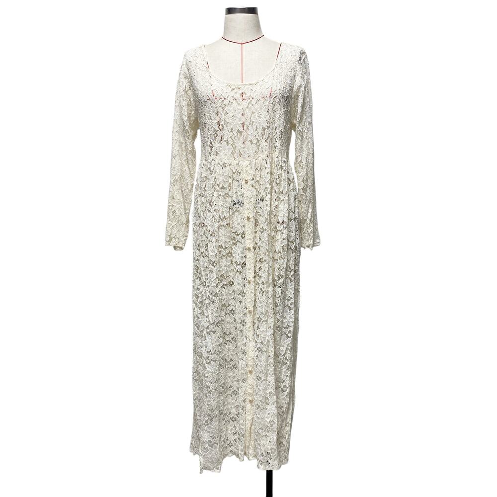 Vintage Womens Ivory Sheer Lace Long Sleeve Pearl Button Front Dress